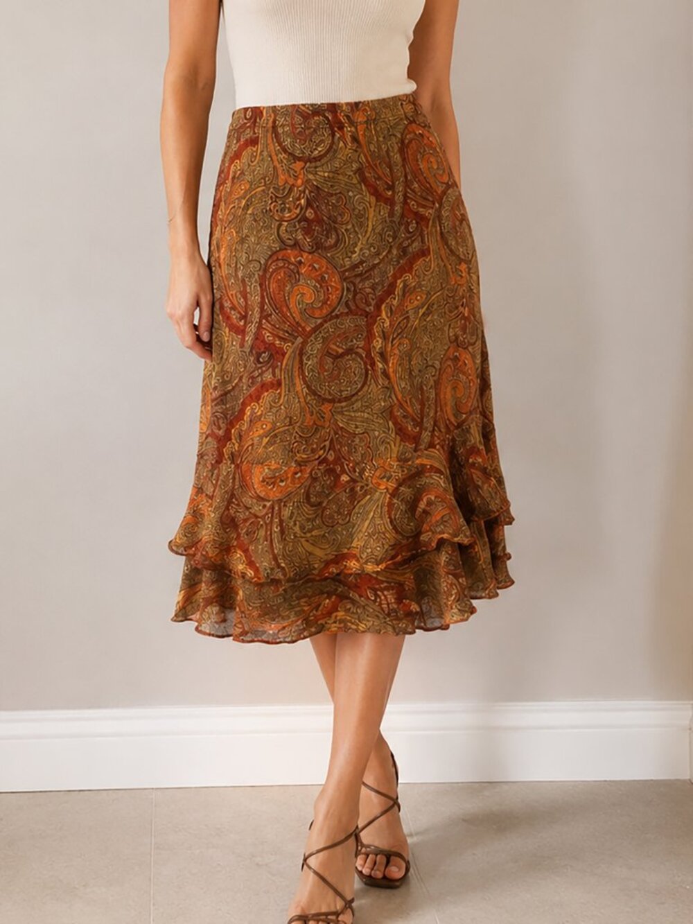 Zebra Orange Paisley Boho Ruffle Midi Skirt Size XL
